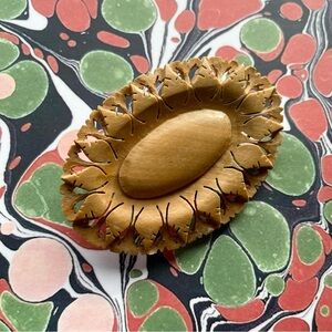 Vintage light wood brooch w/ reticulated foliate design boho